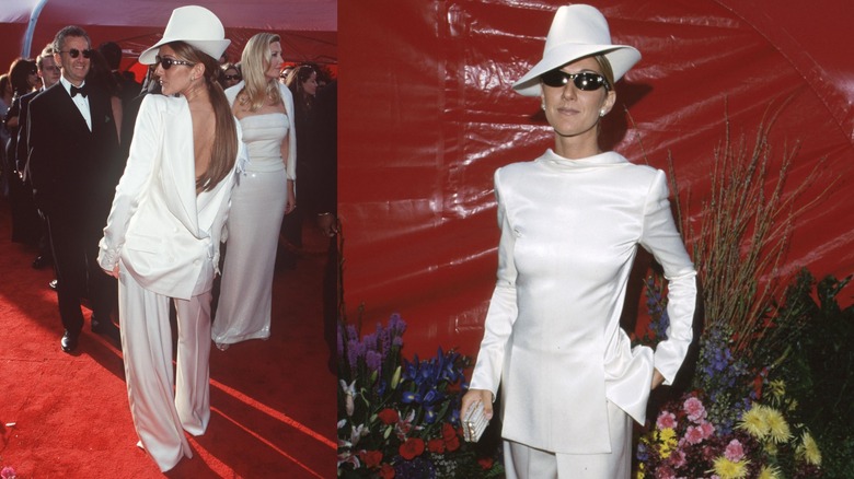 Celine Dion in a white suit at the 1999 Oscars
