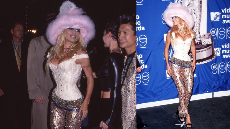 Pamela Anderson at the VMAs in 1999 in a corset and bedazzled pants