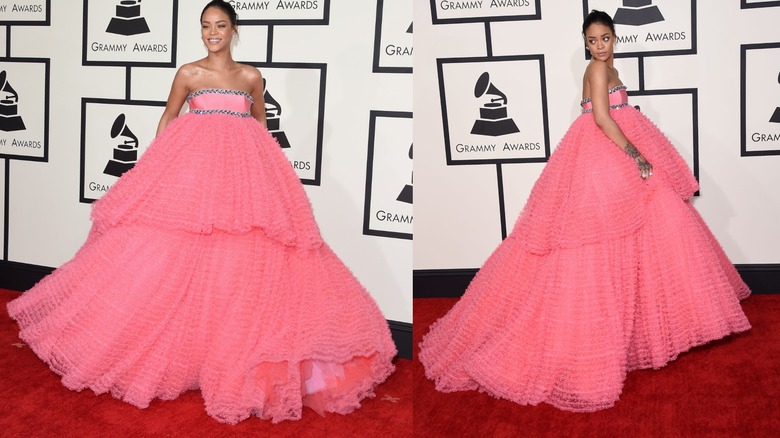 Rihanna in a pink dress at the 2015 Grammys