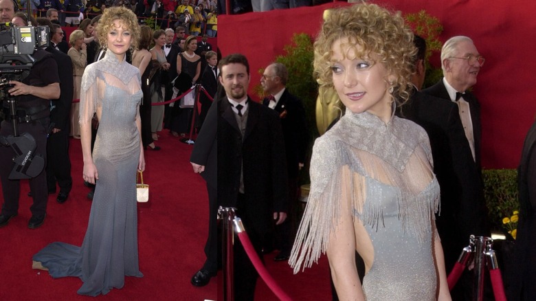 Kate Hudson at the 2001 Oscars in a gray dress with a cape