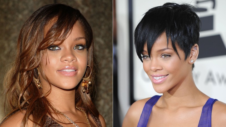 Rihanna with long hair and a pixie