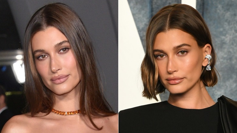 Hailey Bieber with long hair and a tousled bob