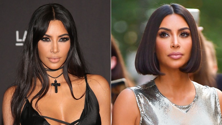 Kim Kardashian with long hair and a sleek bob