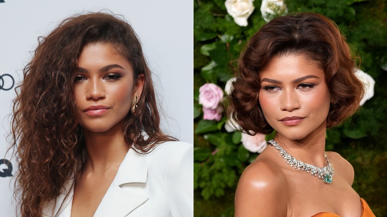 Zendaya with long hair and a glamorous waved bob