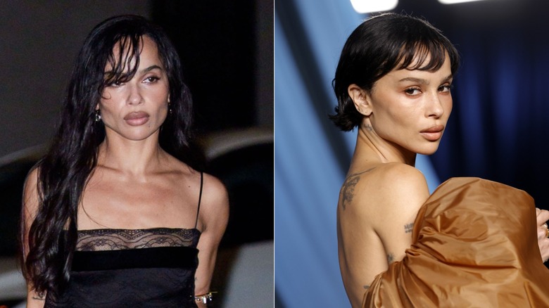 Zoë Kravitz with long hair and a micro bob with a micro fringe