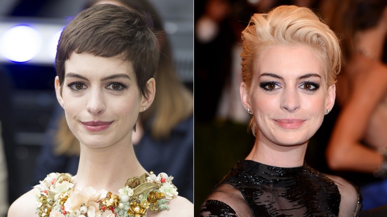 Split image of Anne Hathaway with short brown hair and ornate collar on the left, and with short blond hair and a black outfit on the right.
