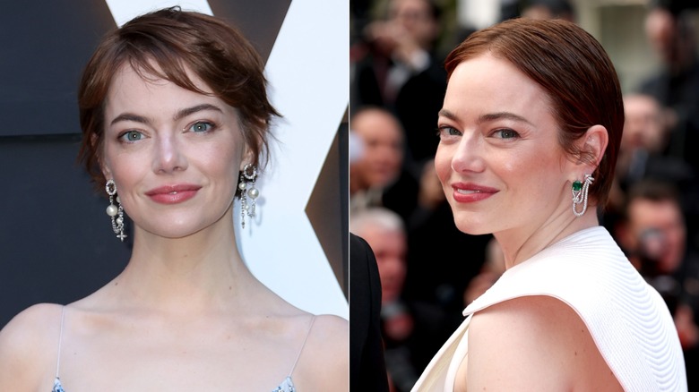 Split image of Emma Stone with a piecey short pixie cut and statement earrings on the left and with sleek short hair and a white outfit on the right.