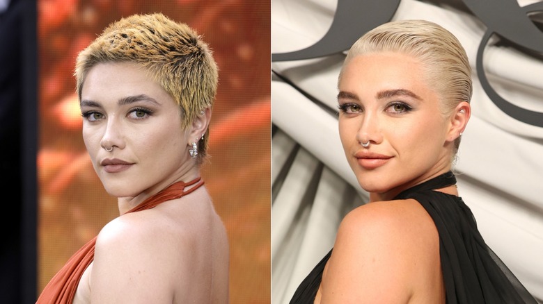 Split image of Florence Pugh with a blond longer buzz cut on the left and with slicked back short blond hair on the right.