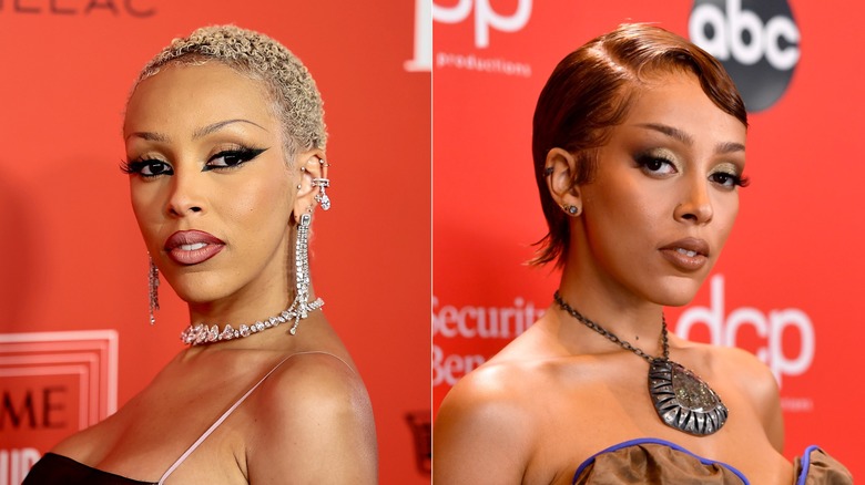 Split image of Doja Cat with close cropped blond curls on the left and with sleek red finger waves on the right.