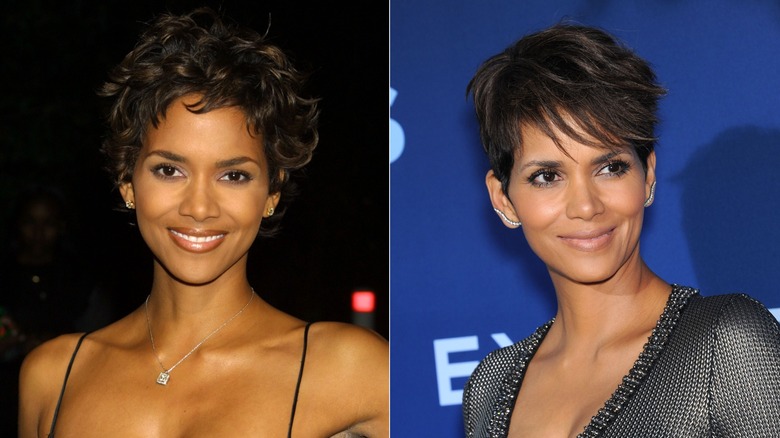 Split image of Halle Berry with short curly hair and dainty necklace on the left, and with straight short hair and a sparkly top on the right.
