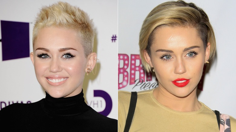 Split image of Miley Cyrus with short spiky blond hair on the left and with a sleek short cut and red lip on the right.