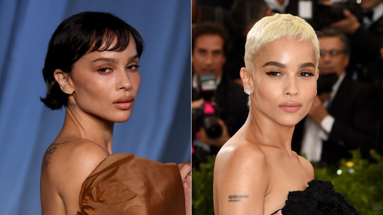 Split image of Zoë Kravitz with short black hair and wispy bangs on the left, and with a cropped blond pixie cut on the right.