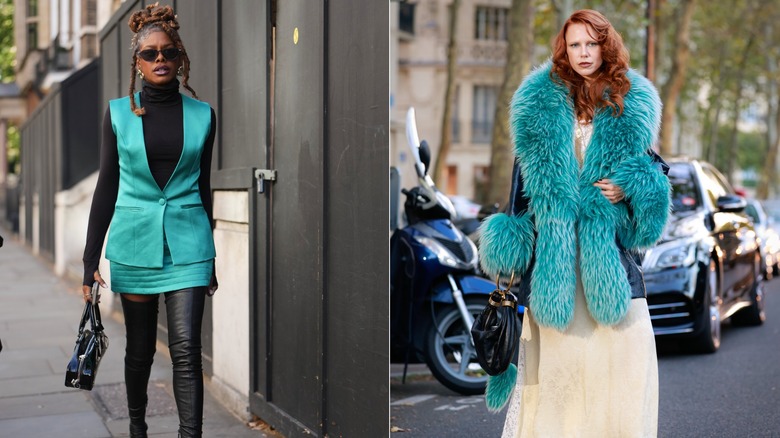 A guest wears a teal vest and and matching mini skirt and black turtleneck and boots during London Fashion Week in September 2026 / A guest wears a teal fur coat and ivory maxi skirt during Paris Fashion Week in October 2025