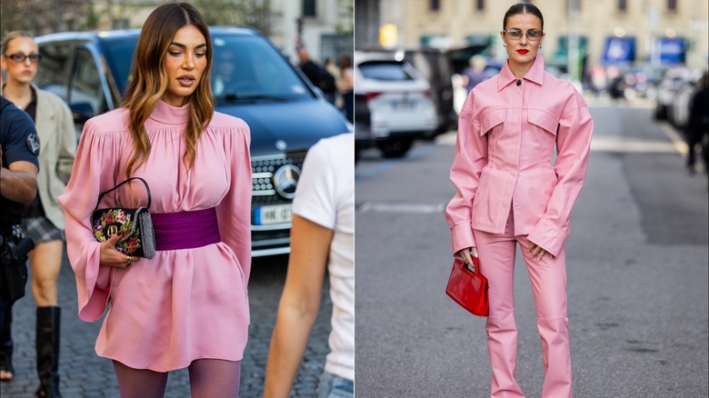 Negin Mirsalehi wears a rosy pink high-neck tunic dress with purple belt in During Paris Fashion Week in October 2026 / Nina Sandbech wears a rosy pink jacket and pants during Milan Fashion Week in February 2025