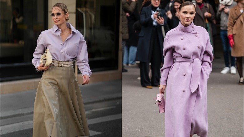 Iryna Thater wears a lavender button-up shirt and taupe midi skirt during Paris Fashion Week in September 2026 / A guest wears a lavender purple double-breasted pea coat during Paris Fashion Week in March 2024