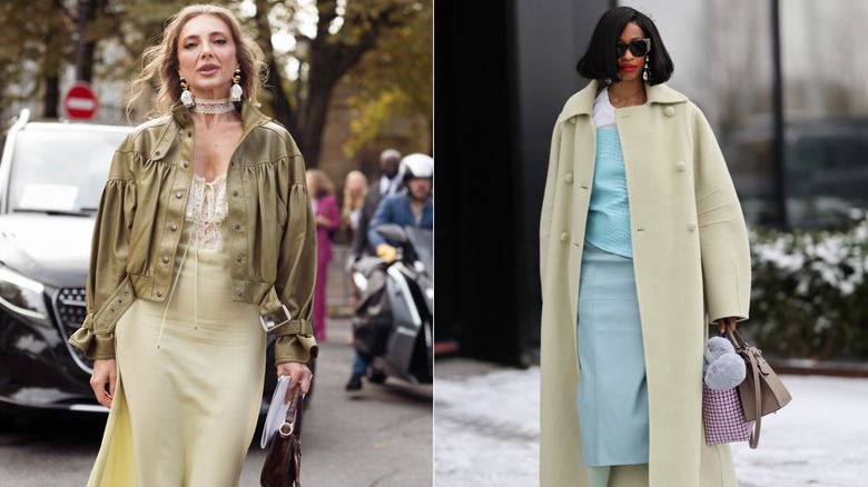 Svitlana Degtyarenko in a pale yellow-green slip dress and an olive green leather jacket during Paris Fashion Week in October 2026 / A guesting wearing a teal top and skirt and light green opera coat in Copenhagen, Denmark in January 2026