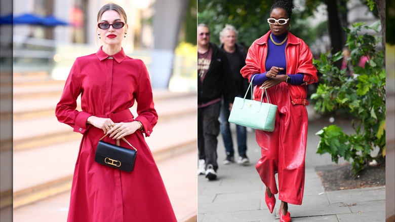 A guest in a red long sleeve belted shirt dress during New York Fashion Week in September 2026 / A guest wears a red leather jacket and red wide-leg pants and a purple top during London Fashion Week in September 2026