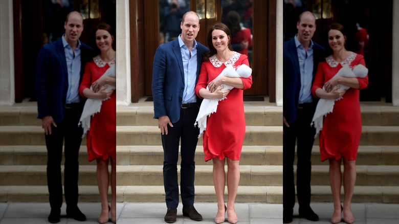 Kate Middleton and Prince William presenting Prince Louis to the media in 2018