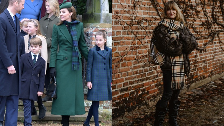L: Kate Middleton wearing a coat and plaid scarf. R: Woman in a plaid scarf