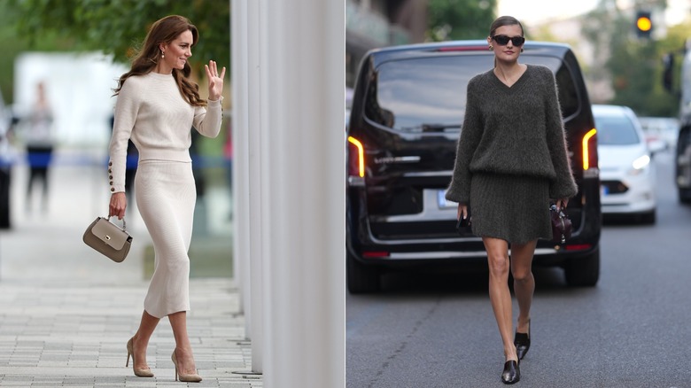 L: Kate Middleton wearing a white sweater and pencil skirt. R: Woman wearing knit skirt and sweater