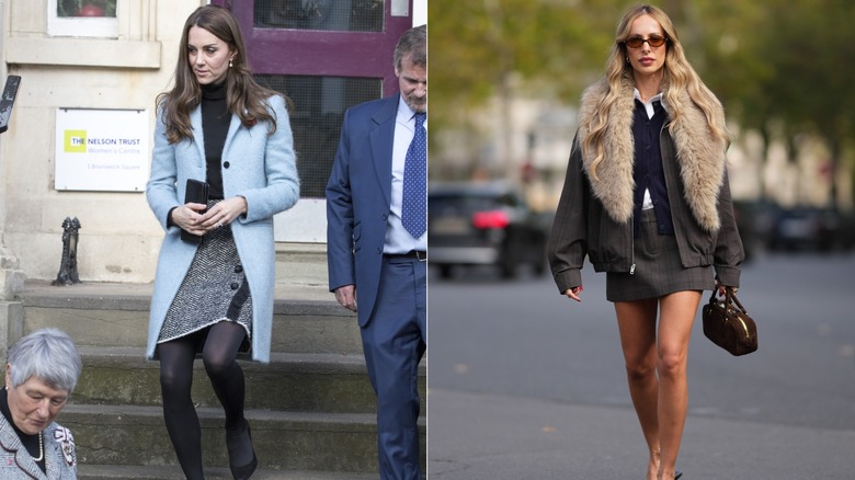 L: Kate Middleton wearing a tweed skirt and fluffy coat. R: Woman wearing a fur-trimmed jacket with a skirt, vest, and shirt