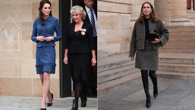L: Kate Middleton wearing a tweed skirt suit. R: Woman wearing a tweed skirt and jacket