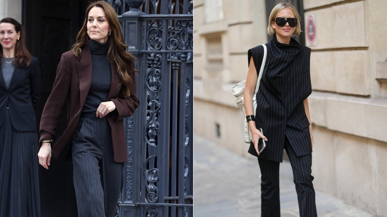 L: Kate Middleton wearing a brown blazer and pinstripe pants. R: Woman wearing a pinstripe set