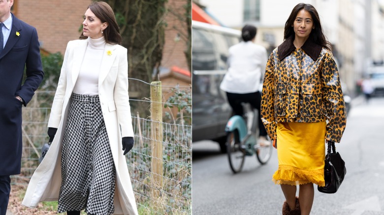 L: Kate Middleton wearing a white coat with a print skirt. R: Woman wearing a leopard jacket and skirt