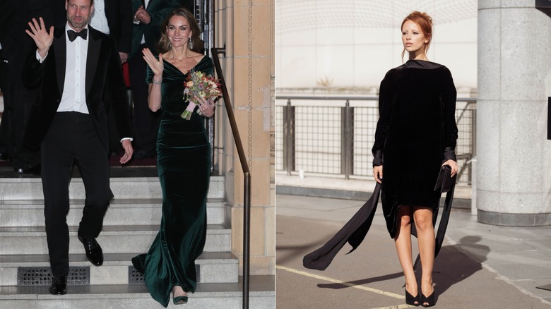 L: Kate Middleton wearing a velvet dress. R: Woman in a velvet dress