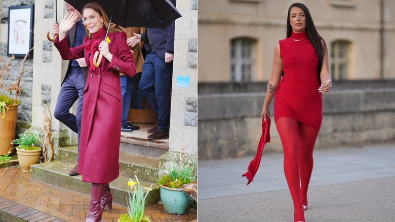 L: Kate Middleton wearing a burgundy-toned outfit. R: Woman wearing a red dress and red stockings