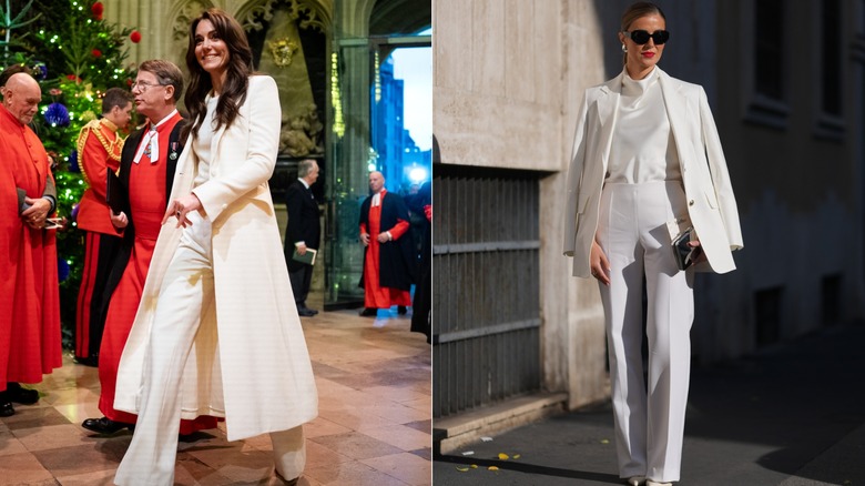 L: Kate Middleton wearing an all-white outfit. R: Woman wearing a white suit