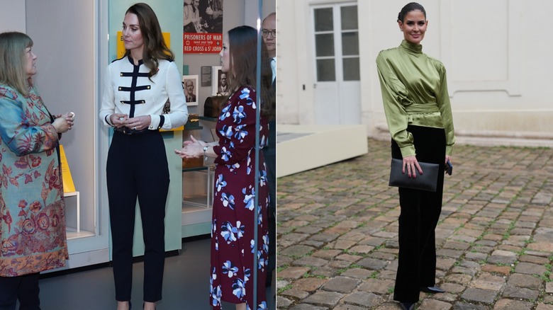L: Kate Middleton wearing black pants and a blouse. R: A woman wearing black pants and a satin top