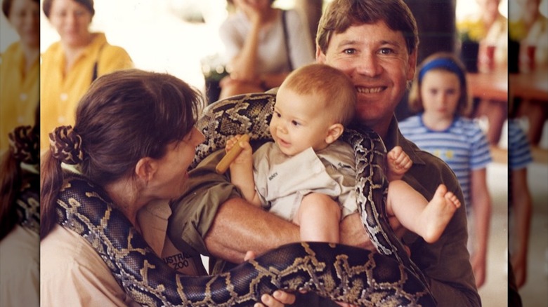 Steve Irwin and Bindi Irwin holding Bindi Irwin while a python wraps around them