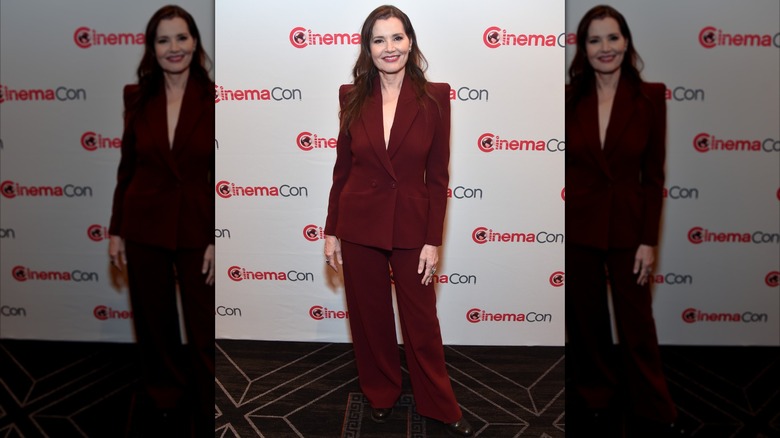 Geena Davis on a red power suit at the Filmmaker Lunch Program during CinemaCon in Las Vegas in April 2024
