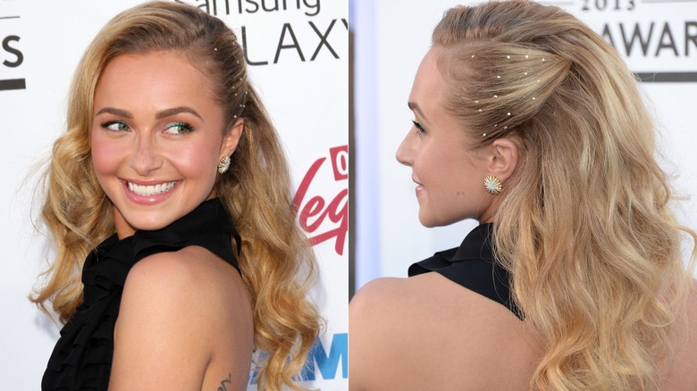 Hayden Panettiere with her slicked on one side and curled on the other side