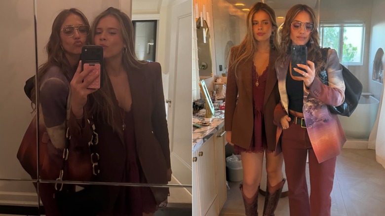 Split image of Jessica Alba with her daughter Honor posing for a mirror selfie on the left, and in another selfie on the right.