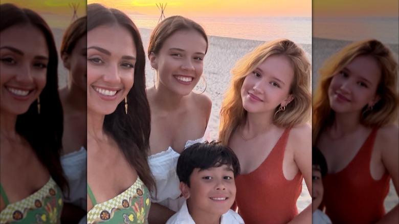 Jessica Alba posing for a beach selfie with her daughters Honor and Haven and son Hayes.