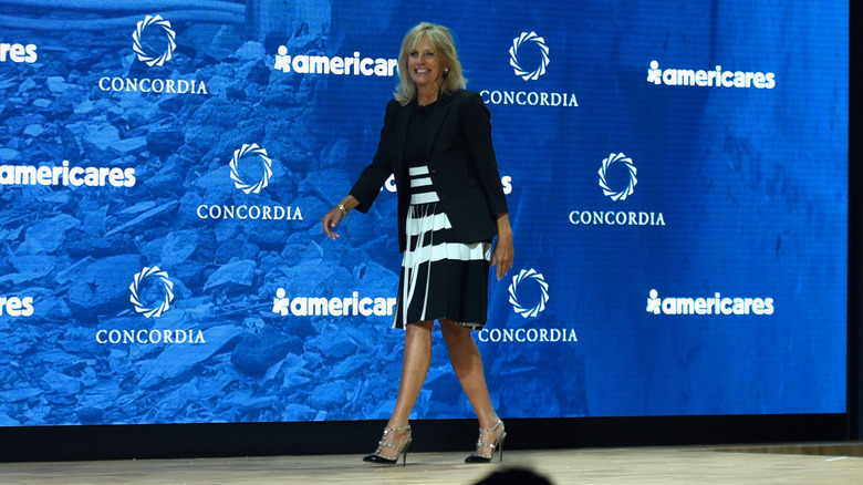 Jill Biden wearing studded heels and a midi dress