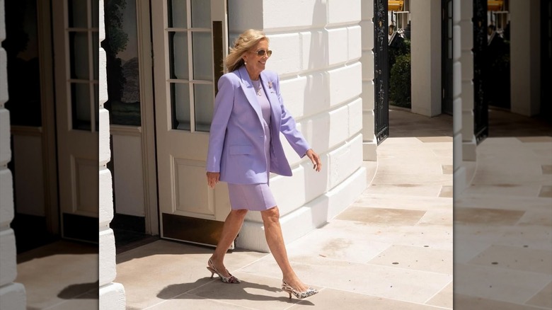 Jill Biden wearing a lavender dress and blazer
