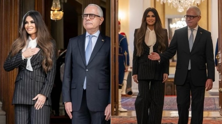 Kimberly Guilfoyle walking in a pinstripe suit