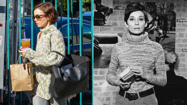 Lily Collins in a knit turtleneck in 2016 and Audrey Hepburn in 1967