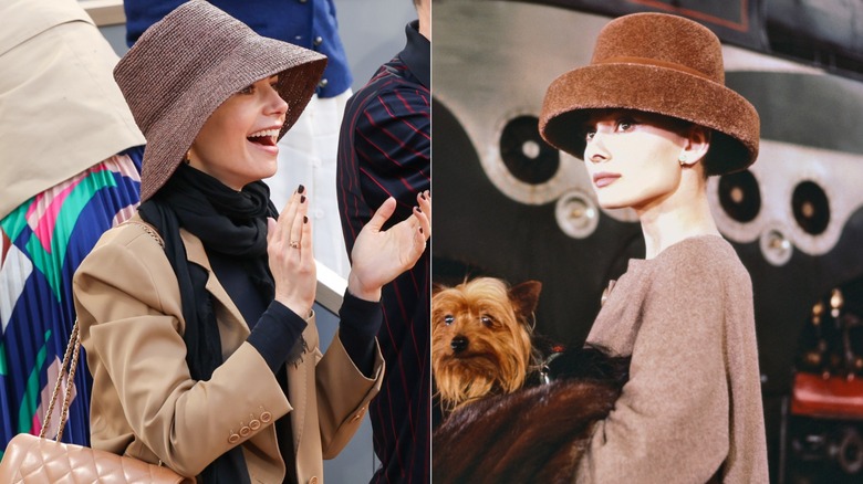 Lily Collins in a bucket hat in 2025 and Audrey Hepburn in 1956