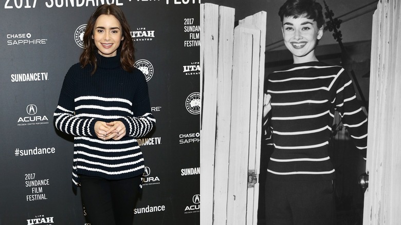 Lily Collins in a striped sweater in 2017 and Audrey Hepburn in 1955