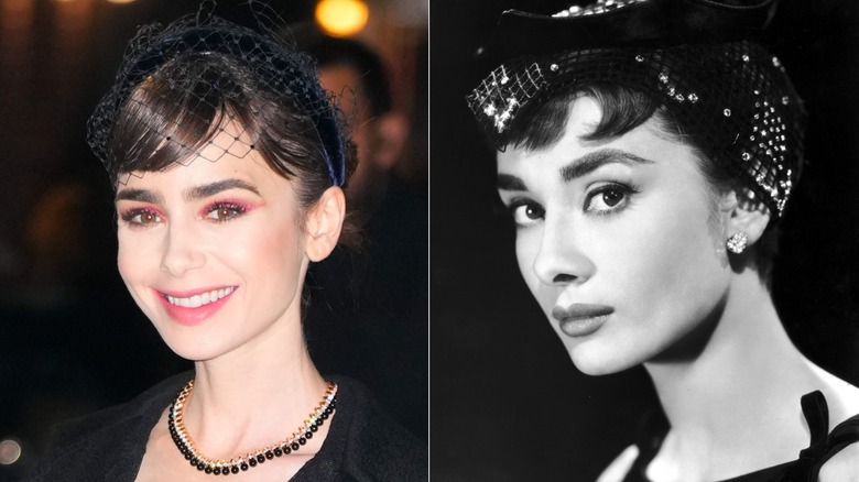Lily Collins with a fascinator and Audrey Hepburn in 1955