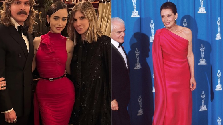 Lily Collins in a red dress in 2025 and Audrey Hepburn in 1992