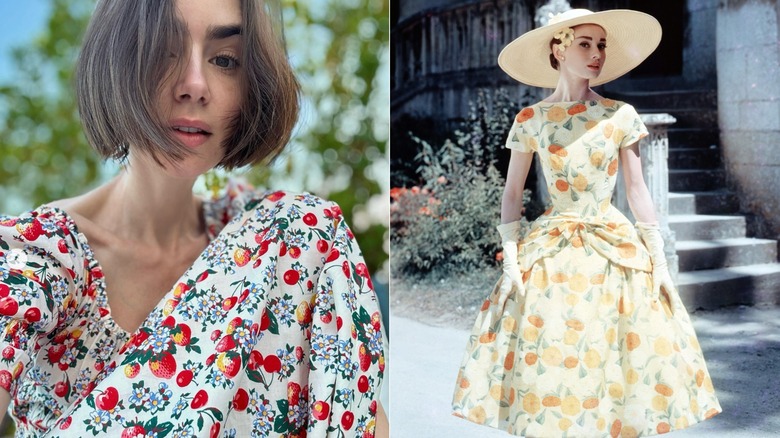 Lily Collins in a floral dress in 2025 and Audrey Hepburn in 1955