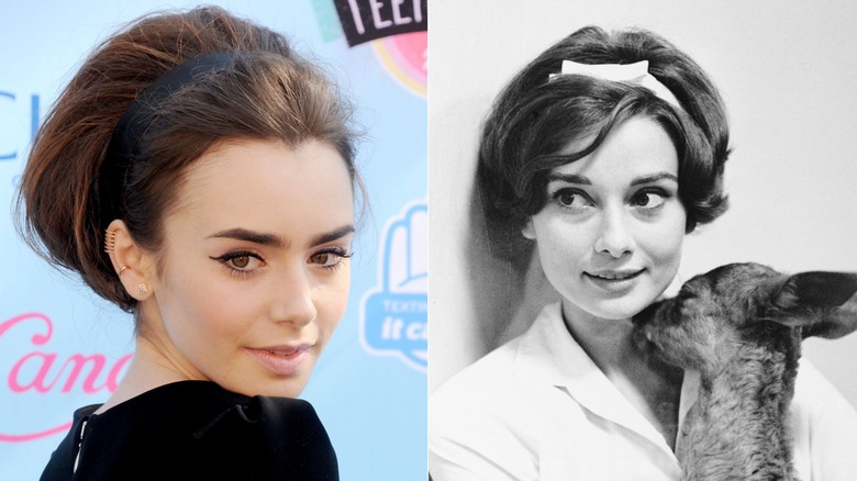 Lily Collins with a headband and Audrey Hepburn in 1958