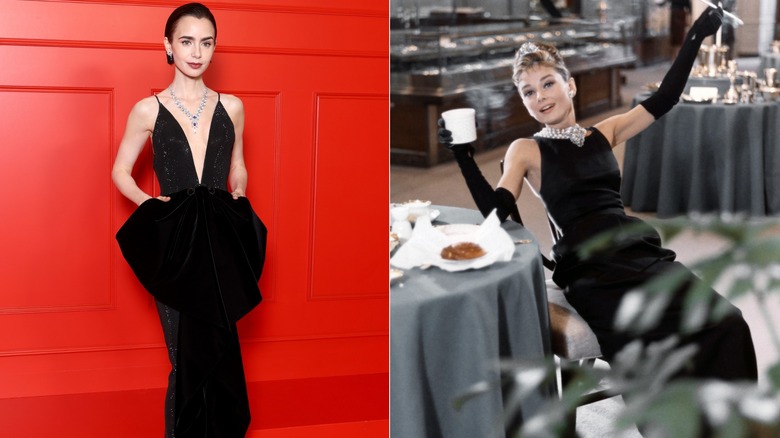 Lily Collins in a black dress in 2025 and Audrey Hepburn in 1961