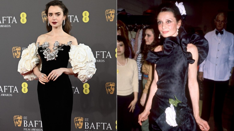 Lily Collins in an embellished black dress in 2024 and Audrey Hepburn in 1982