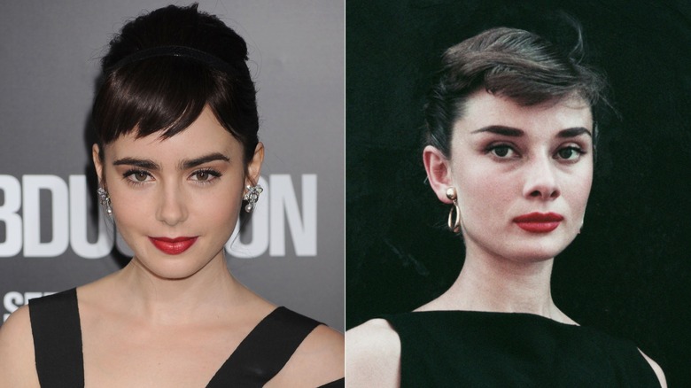 Lily Collins wearing a micro fringe and red lipstick and Audrey Hepburn in 1955